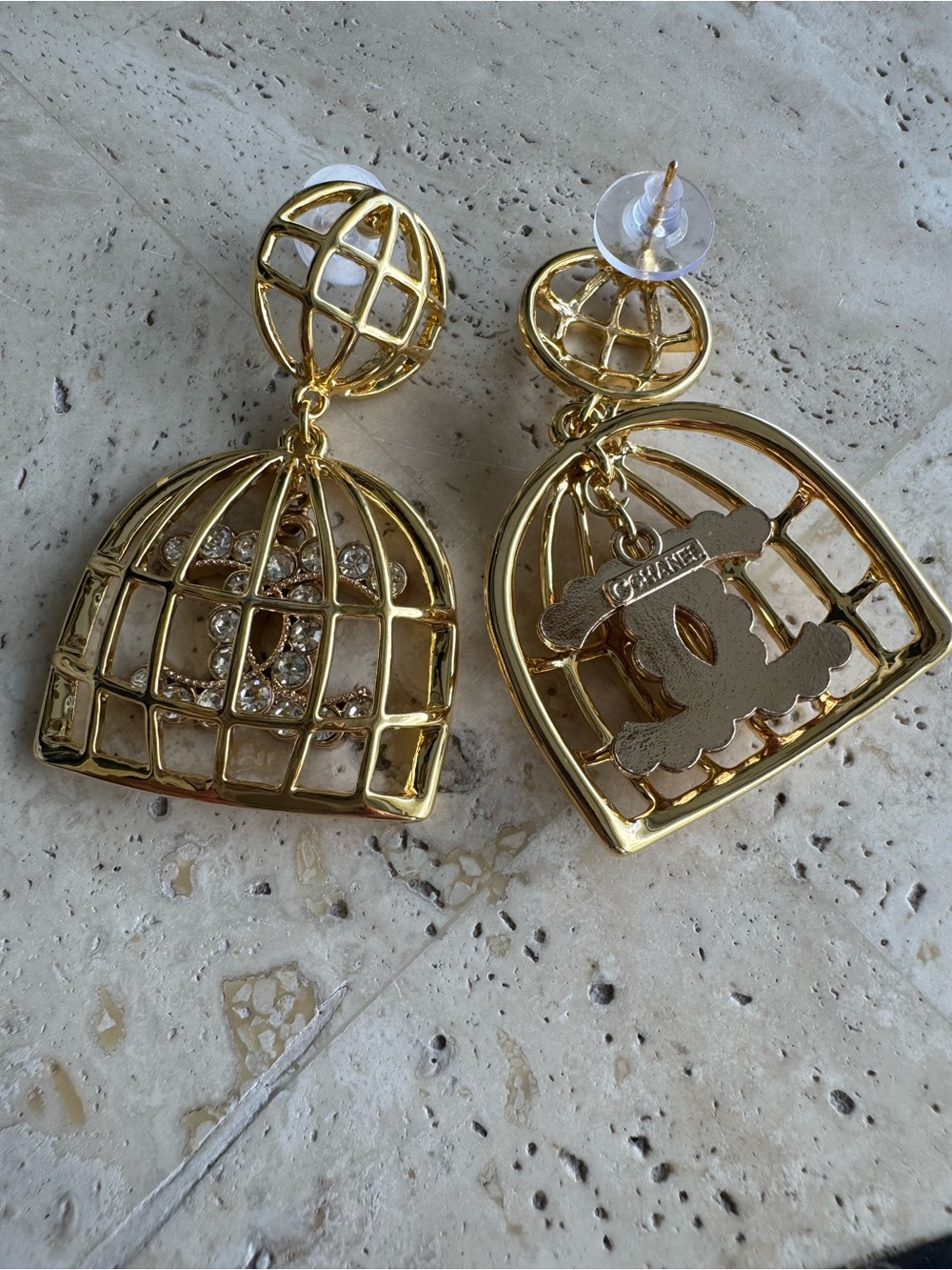 Gold Bird Cage Drop Earrings with Charm
